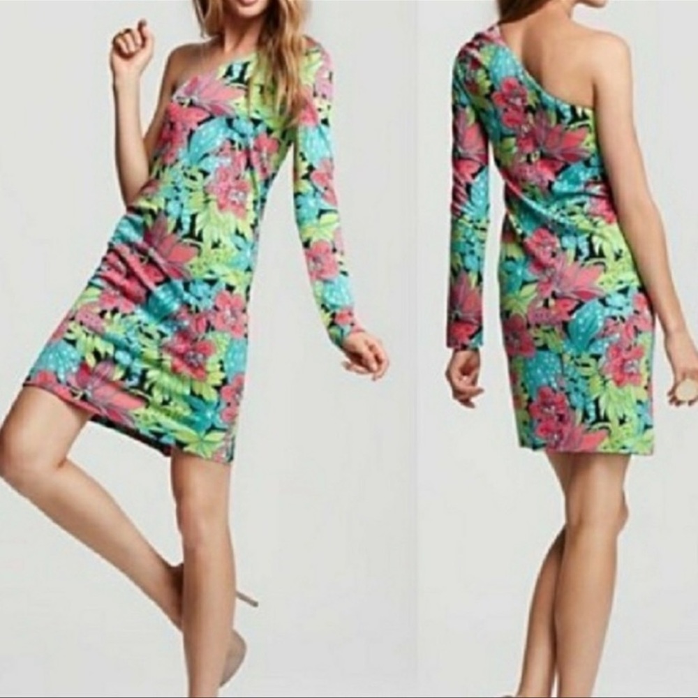 One-Shoulder Tropical Floral Dress in Pink & Green